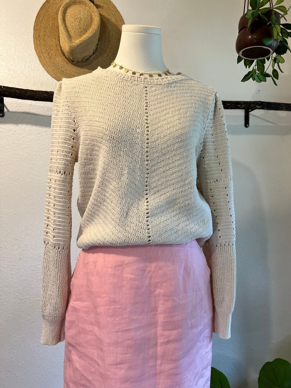 Cream Puffed Sleeve Cotton Blend Pullover Sweater Size Medium Knox Rose